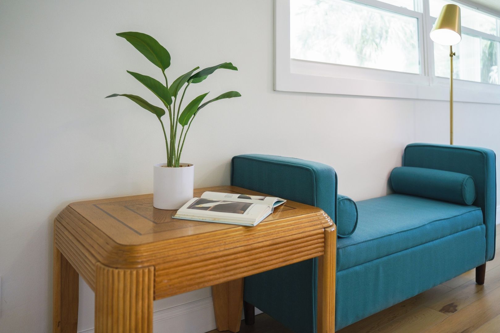 A room with a wooden table, a teal sofa, a white potted plant, and a floor lamp.
