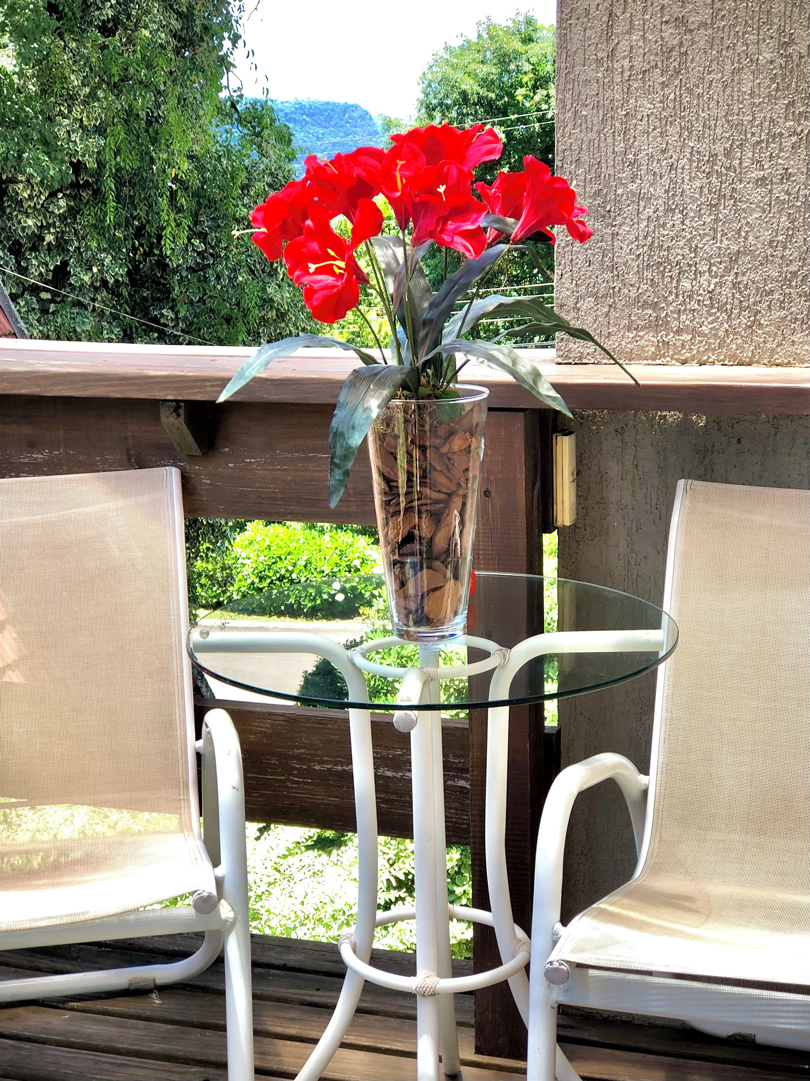 Un tavolo in vetro con un vaso di fiori rossi, due sedie in vimini bianco e un pontile in legno con vista su vegetazione e colline.