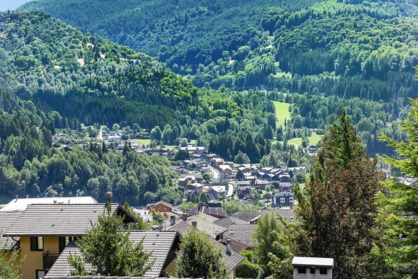 Ein Wohngebiet mit Häusern, umgeben von dichtem Wald und Hügeln.