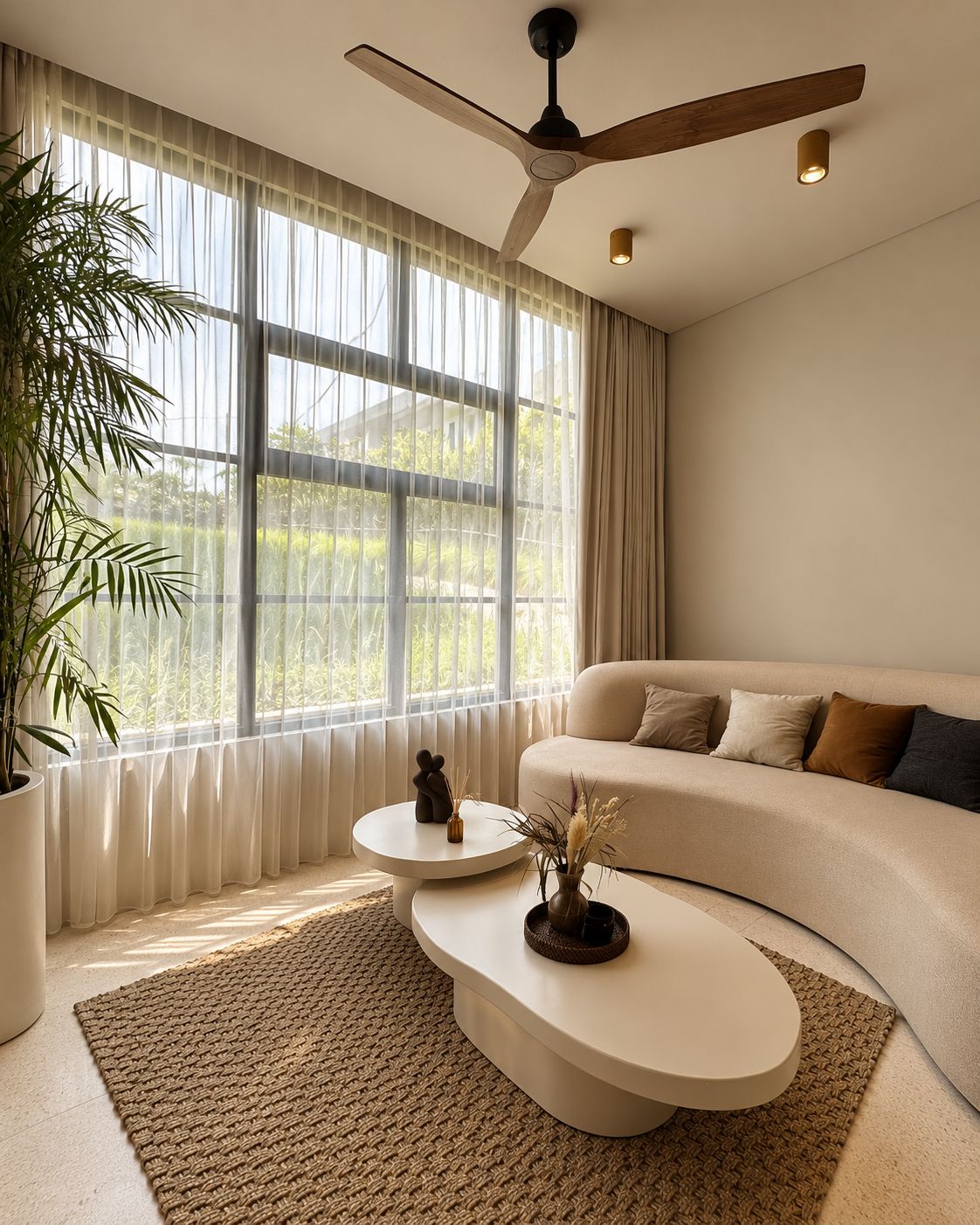 A modern living room with a large window, a ceiling fan, a sofa, and a coffee table.