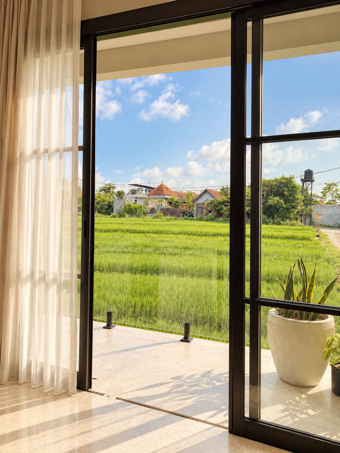 A room with a large window overlooking a green field and a house.