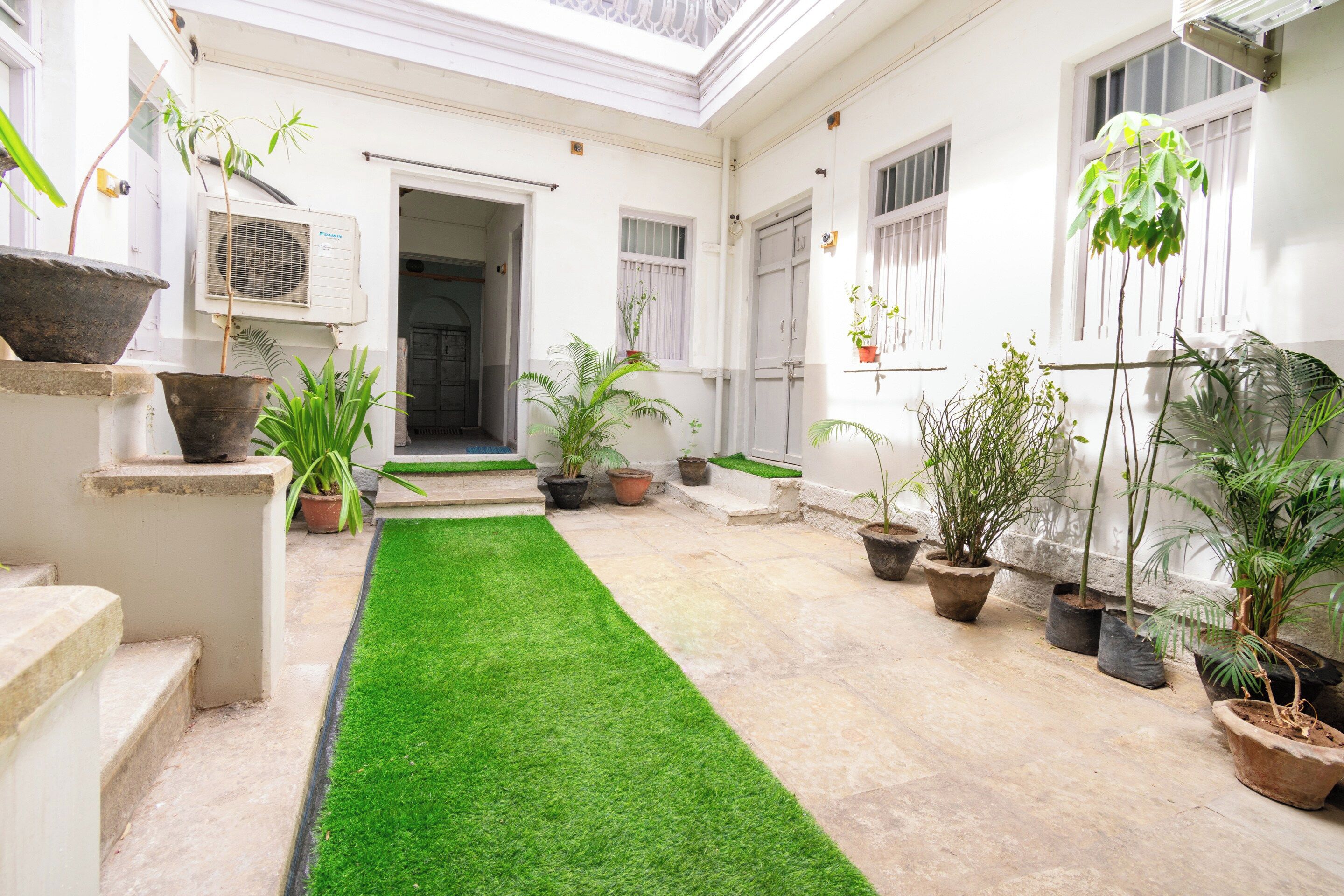 A courtyard with a green artificial turf path, potted plants, and a white building with windows and doors.