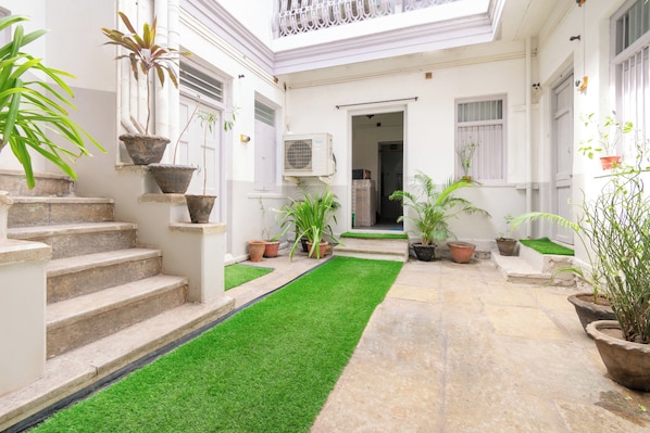 Un patio con un sendero central, escalones que llevan a una puerta y plantas en macetas.