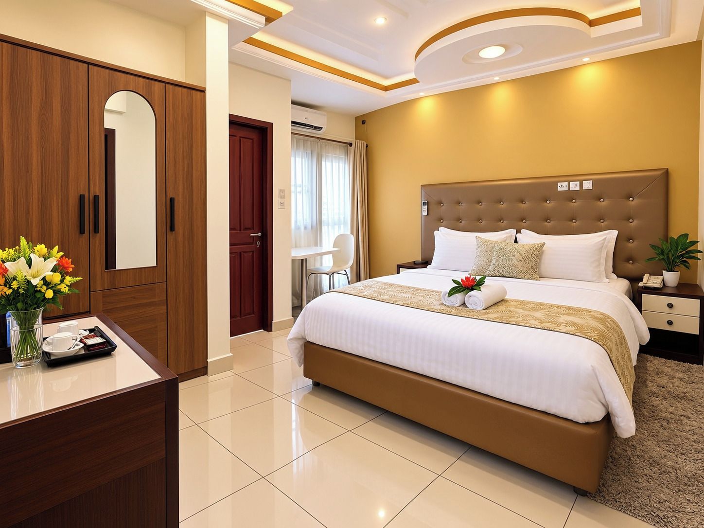 Ein Hotelzimmer mit einem großen Bett, einem Schreibtisch mit Blumenvase und einem Kleiderschrank.