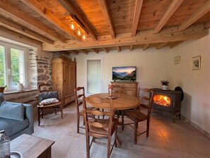A cozy room with a wooden ceiling, stone wall, a fireplace, a dining table with chairs, a sofa, and a television. - CONDOU - LOURDIOS ICHERE (LOURDIOS ICHERE)
