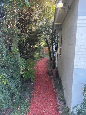 A narrow pathway with red mulch, surrounded by dense foliage and a building with a white exterior.