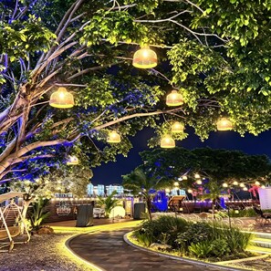 An outdoor area with trees, hanging lights, and a paved walkway.