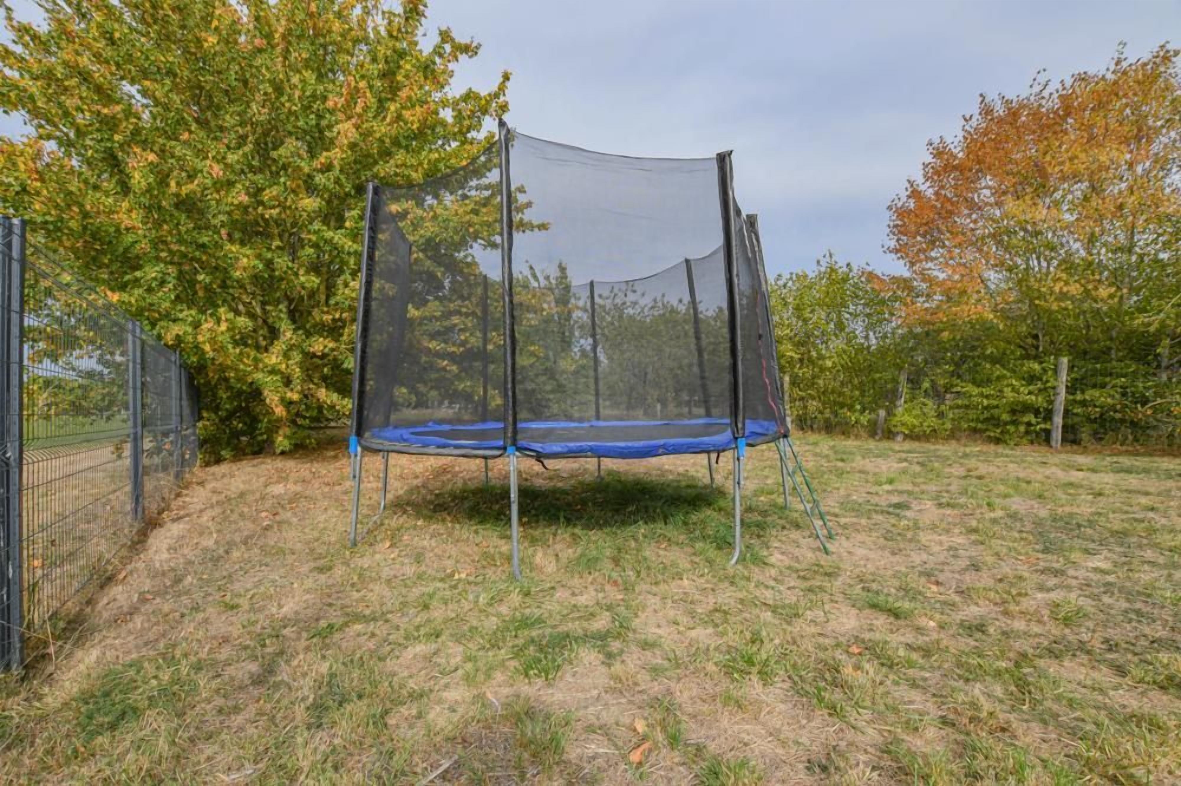En trampolin med sikkerhedsnet i et udendørs område med træer og et hegn.