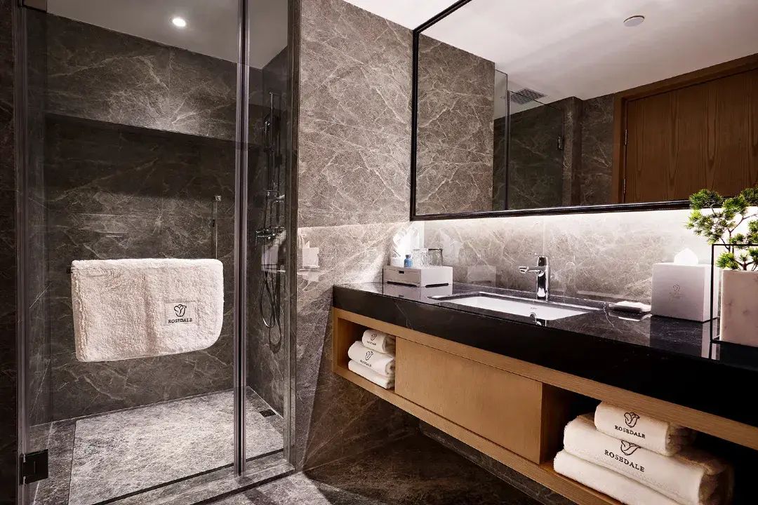 Une salle de bain moderne avec une douche à parois de verre, un grand miroir, un plan de toilette noir et des meubles en bois.