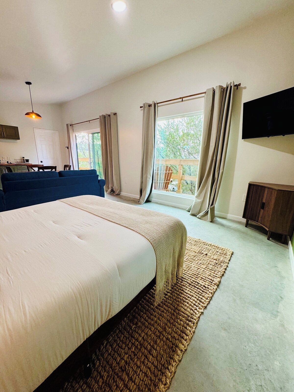 A bedroom with a large bed, a sofa, a TV, and a view of the outdoors.