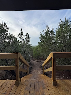 Una terraza de madera que conduce a un sendero de tierra rodeado de árboles.