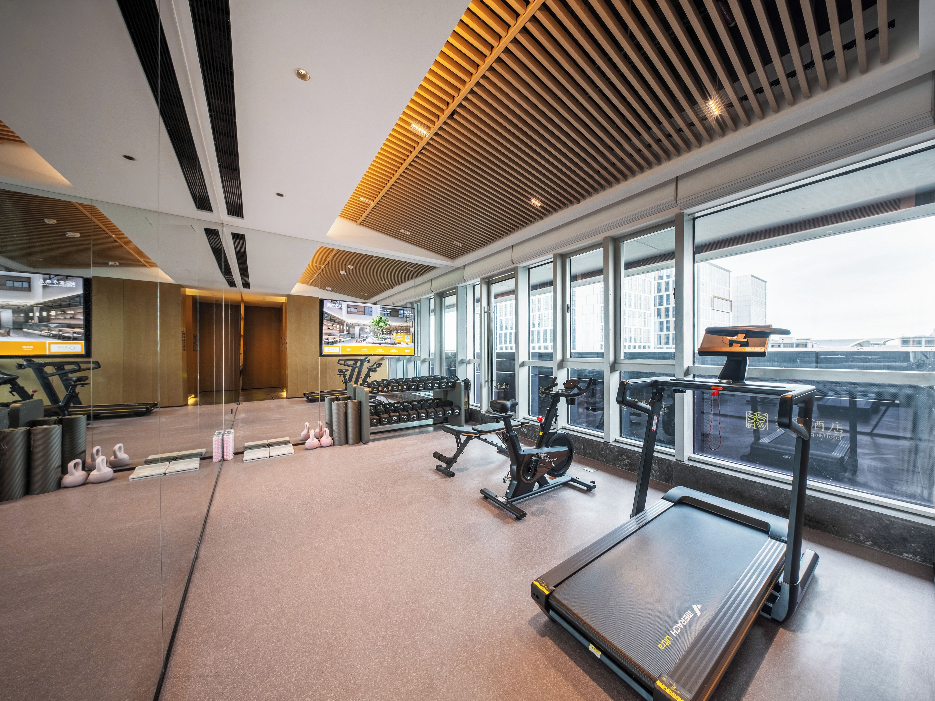 A modern gym with exercise equipment, large windows, and a view of the city.
