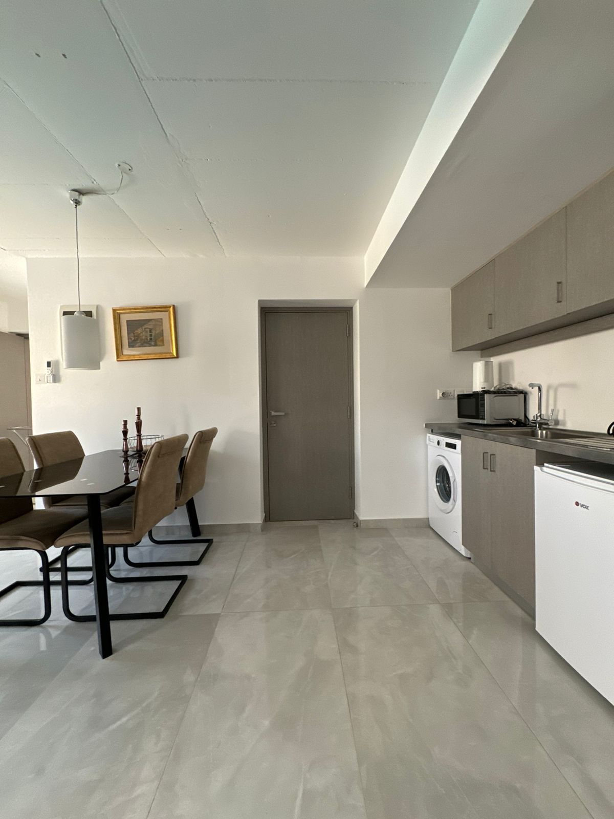 Une cuisine moderne équipée d’un lave-linge, un coin repas avec une table et des chaises, et une porte donnant sur une autre pièce.