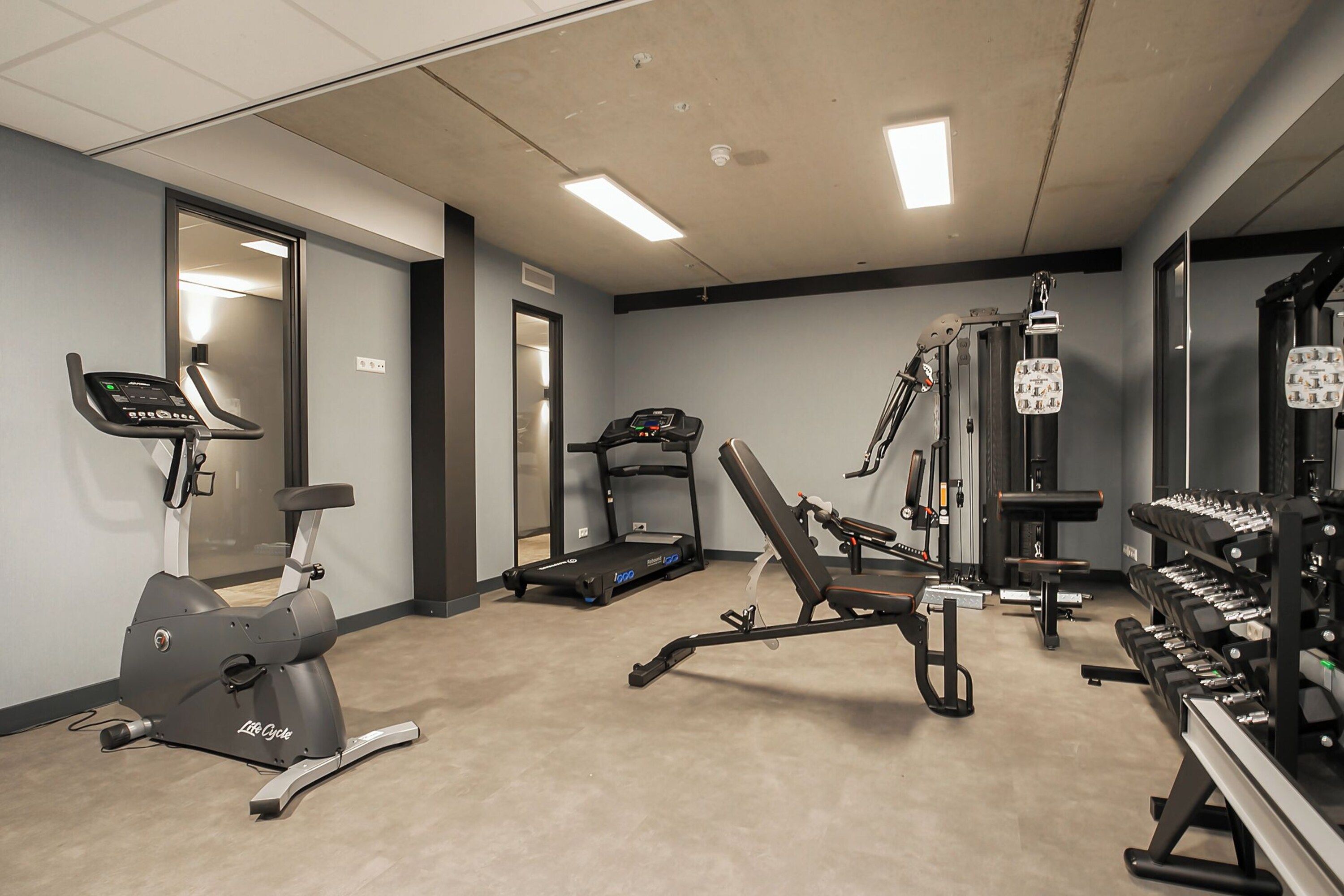 Une salle de sport équipée de machines de cardio, de machines de musculation et d’haltères.