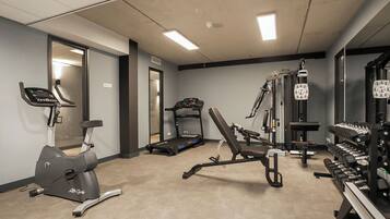 Une salle de sport équipée de machines de cardio, de machines de musculation et d’haltères.