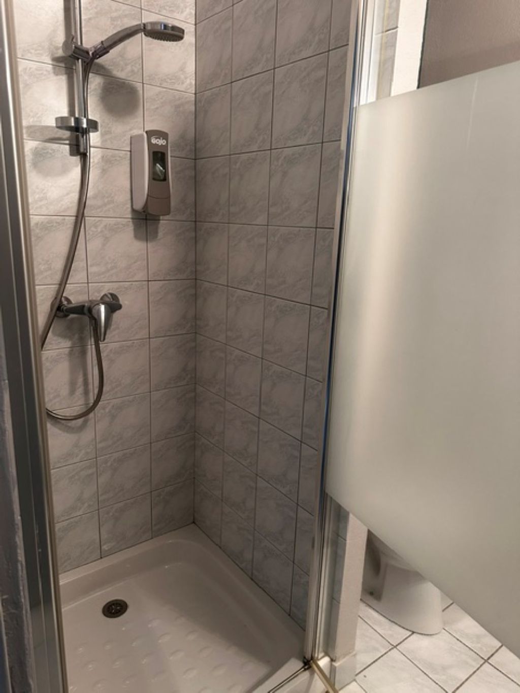 Ein Duschbereich mit Handbrause, einer fest installierten Bedienung und einem Ablauf.