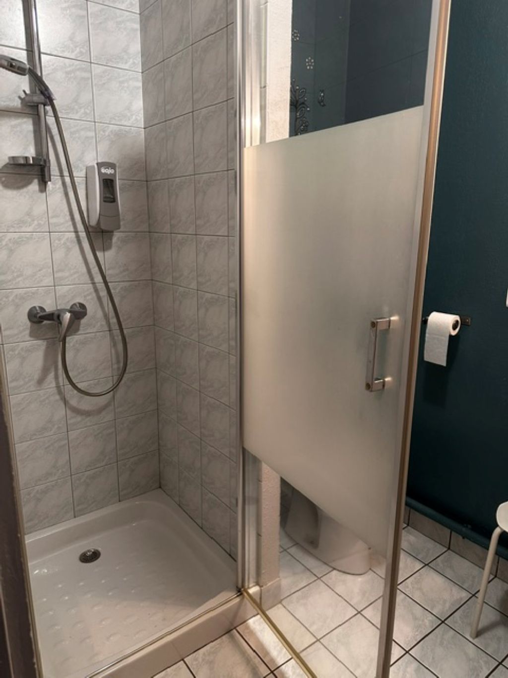 Ein Duschbereich mit Glastür, Handtrockner und Papierhalterung an der Wand.