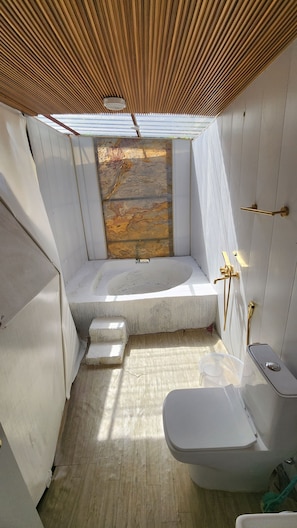 Un baño pequeño con bañera, inodoro y zona de ducha.