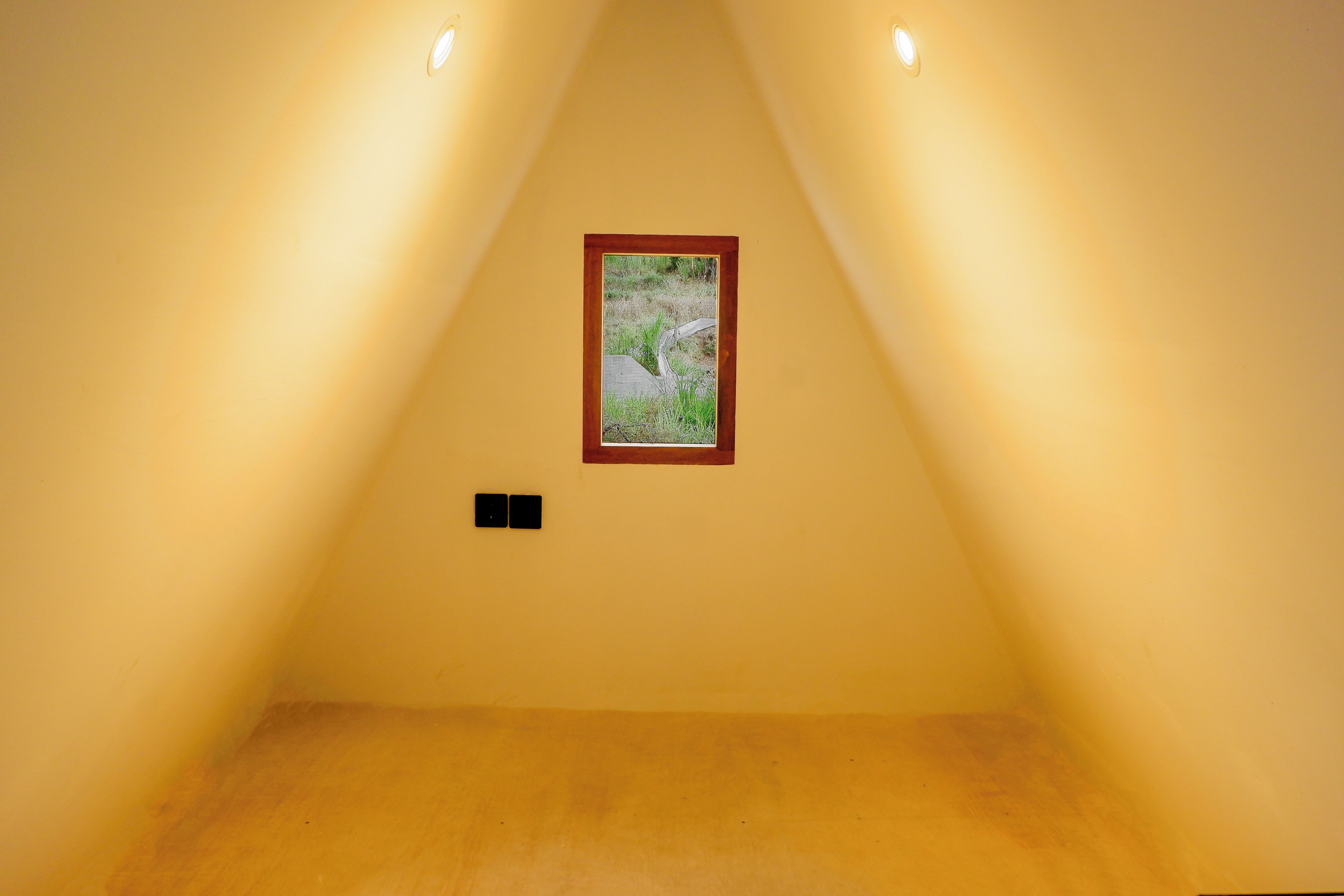 A small, triangular attic room with a single framed picture on the wall and two black switches below it.