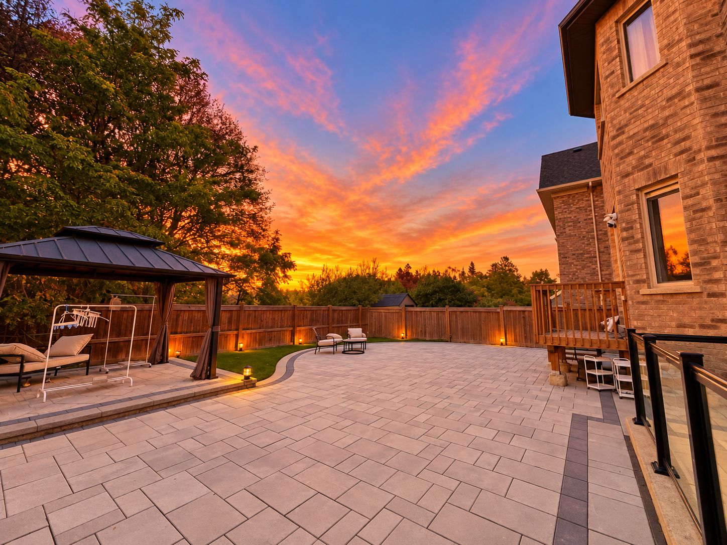 A backyard patio with a covered seating area, a brick patio, and a wooden fence.