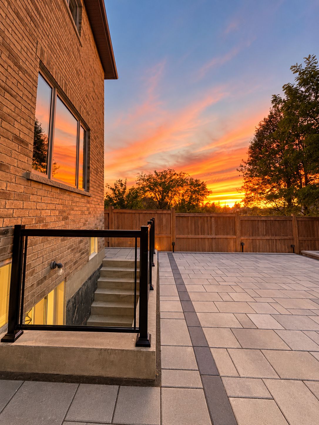 A brick building with a staircase leading to a covered patio area.
