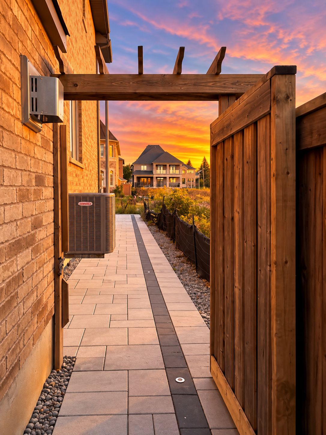 A pathway leading to a house with a wooden pergola, a brick wall, and a clear view of a sunset.