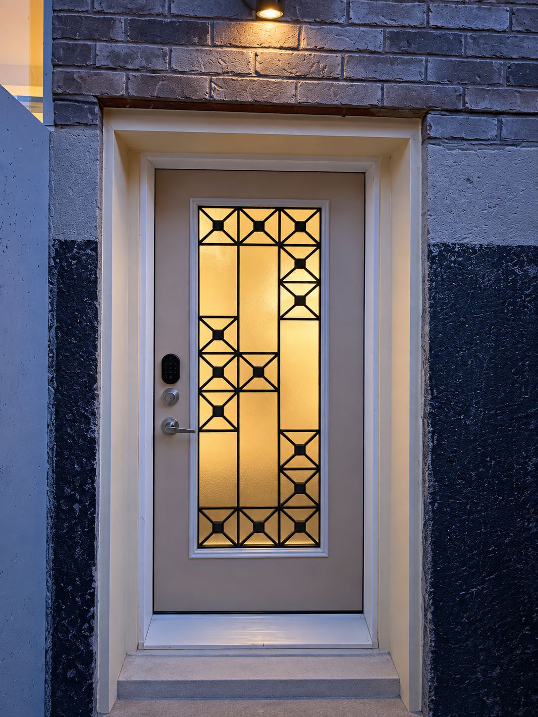 A door with a geometric glass pattern and a keypad lock.