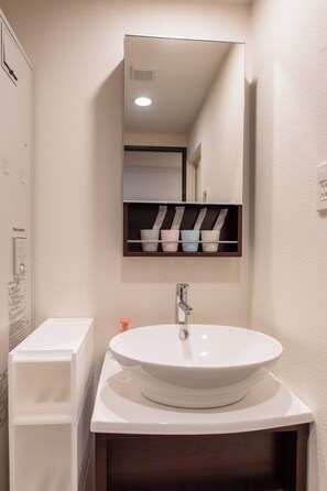 Ein Badezimmer mit einem weißen Waschbecken, einem Spiegel und einem Ablagefach für Toilettenartikel.