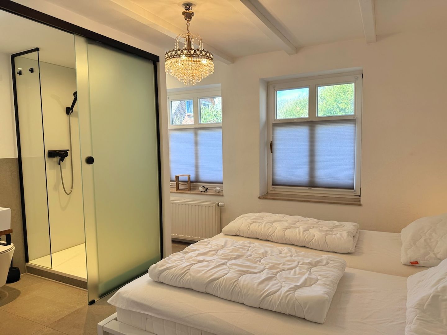 Une chambre à coucher avec un lit, une douche, une fenêtre avec des stores et un lustre.