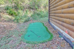 A miniature golf course with a green putting surface, a flag, and a golf club. - Cabin w/ Hot Tub, Near Mercier Orchard & Downtown (Blue Ridge)