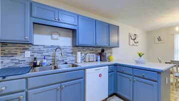 A kitchen with blue cabinets, a dishwasher, and a tiled backsplash.