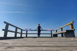 Un moll de fusta que s'endinsa en un cos d'aigua, amb una persona al final.