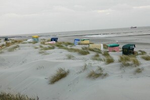 A beach with sand dunes and beach huts. - 1 in Villa Constanze (Borkum)