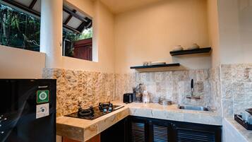 Una cocina compacta con estufa a gas, un lavamanos y un refrigerador.