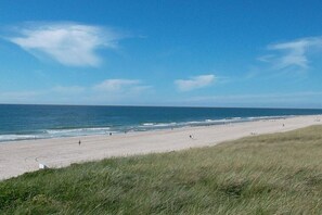 Uma praia com céu limpo e mar calmo.