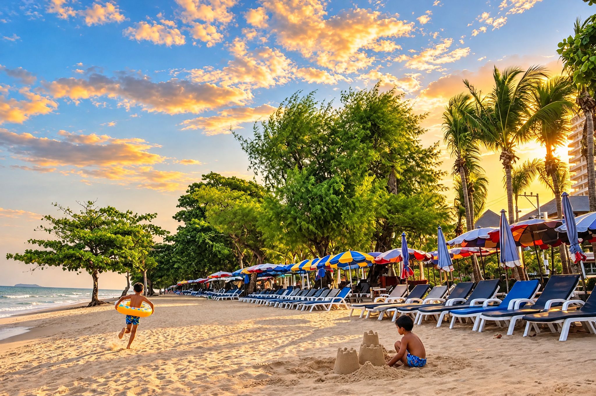 A beach with rows of sun loungers and umbrellas, a child playing with sand, and palm trees.
