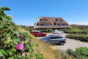Un edificio con techo a dos aguas, rodeado de vegetación exuberante y coches aparcados.
