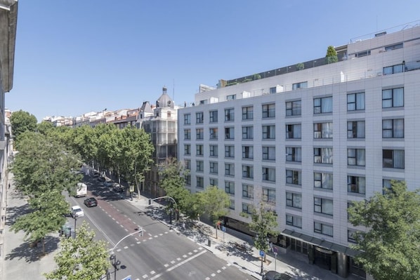 Ein modernes Gebäude mit einer Reihe von Fenstern, eine Straße mit Autos und Bäume säumen den Bürgersteig.