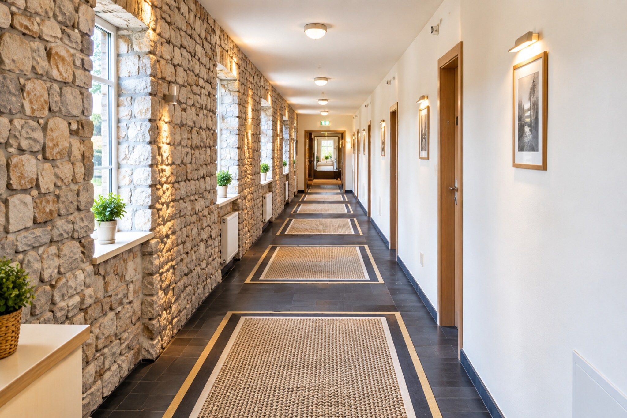 A hotel hallway with stone walls, wooden doors, and a central walkway.