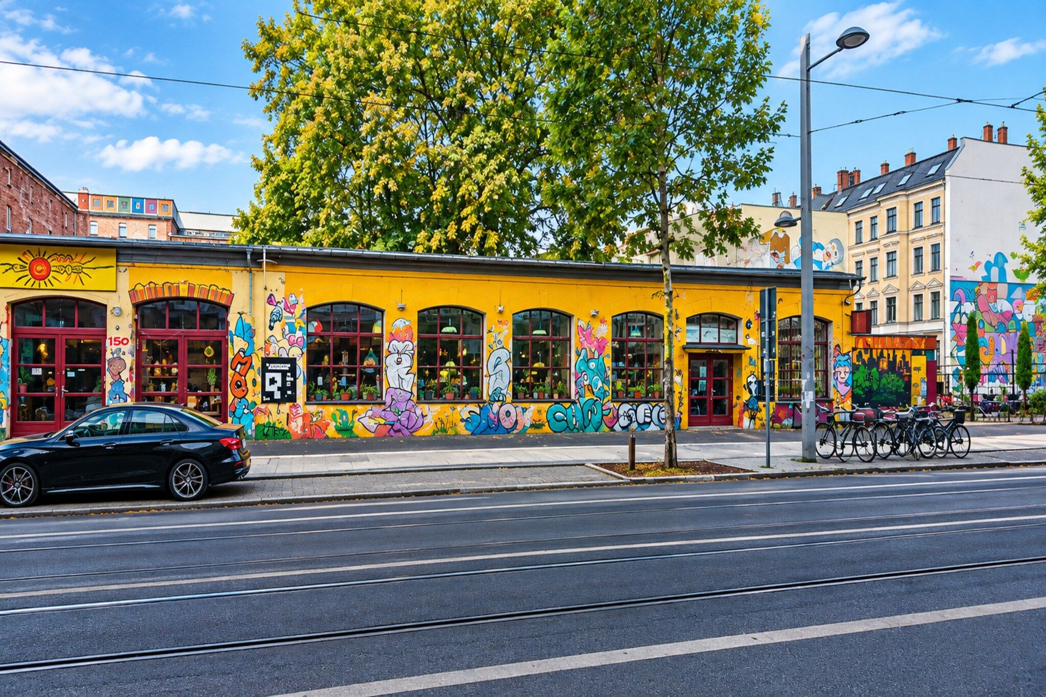 Ein buntes Gebäude mit großen Fenstern und einer gelben Fassade, welches an einer Straßenecke mit Straßenbahnlinie und abgestellten Fahrrädern steht.