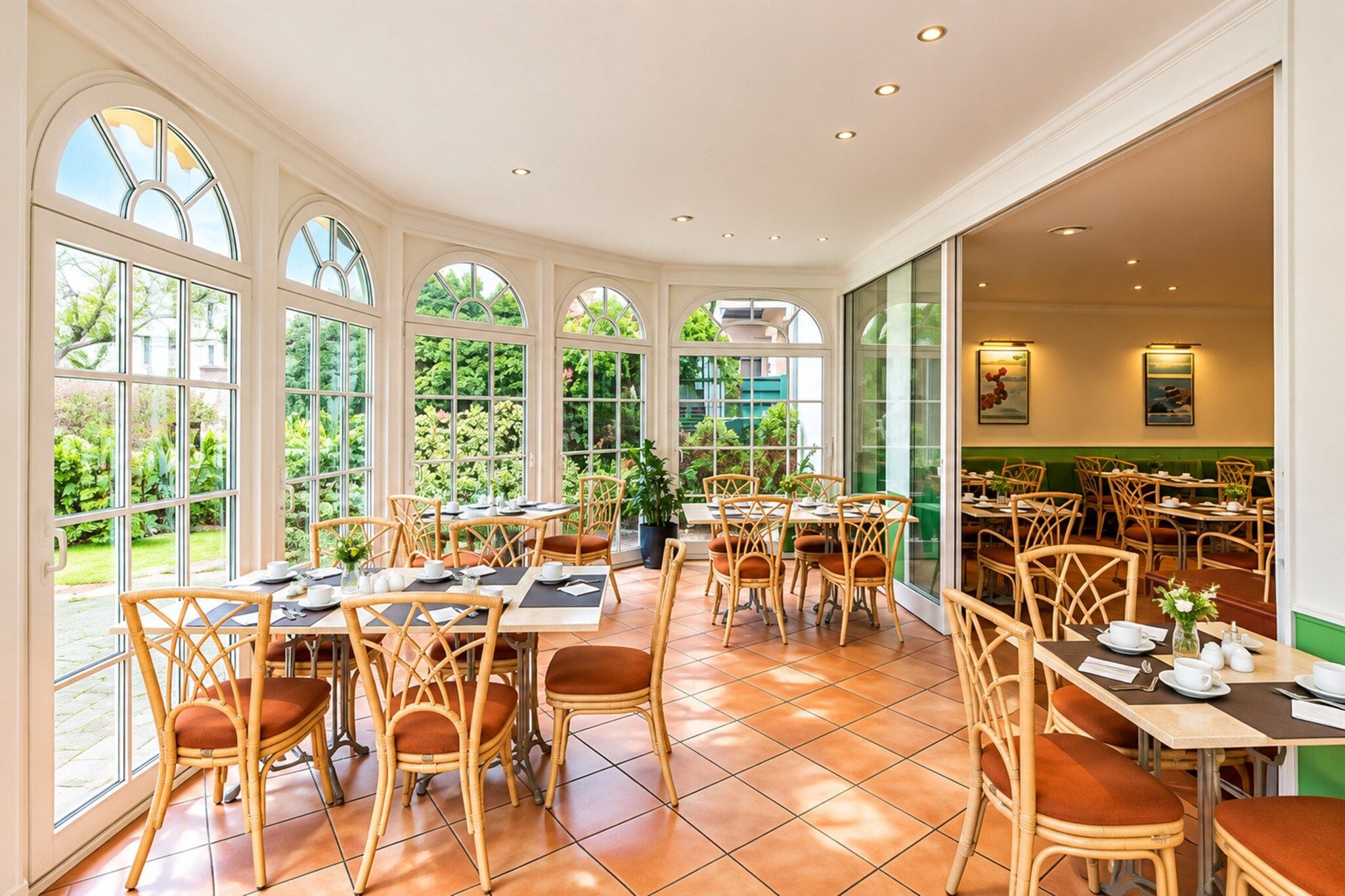 A spacious indoor dining area with multiple tables and chairs, large windows offering views of greenery, and a ceiling with recessed lighting.