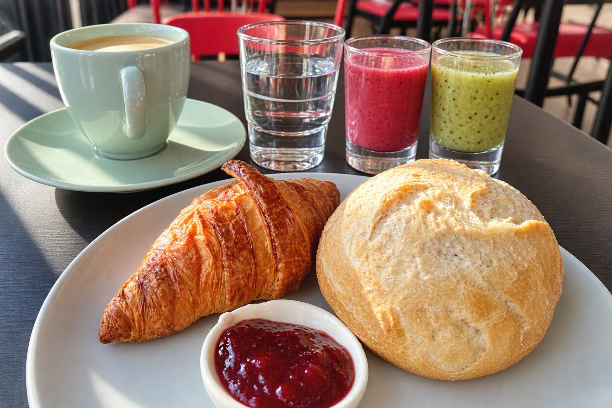 Ein Teller mit einem Croissant, einem Scone und einer kleinen Schale Marmelade.