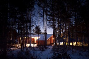 A cabin surrounded by tall trees, with a snow-covered ground and a clear sky.