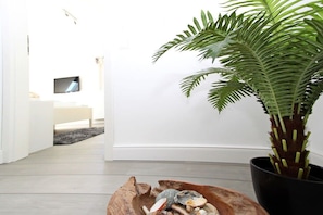 A modern interior with a large potted plant, a wooden bowl with seashells, and a flat-screen TV mounted on the wall. - Holiday apartment with 3 bedrooms (Hörnum \/ Sylt)