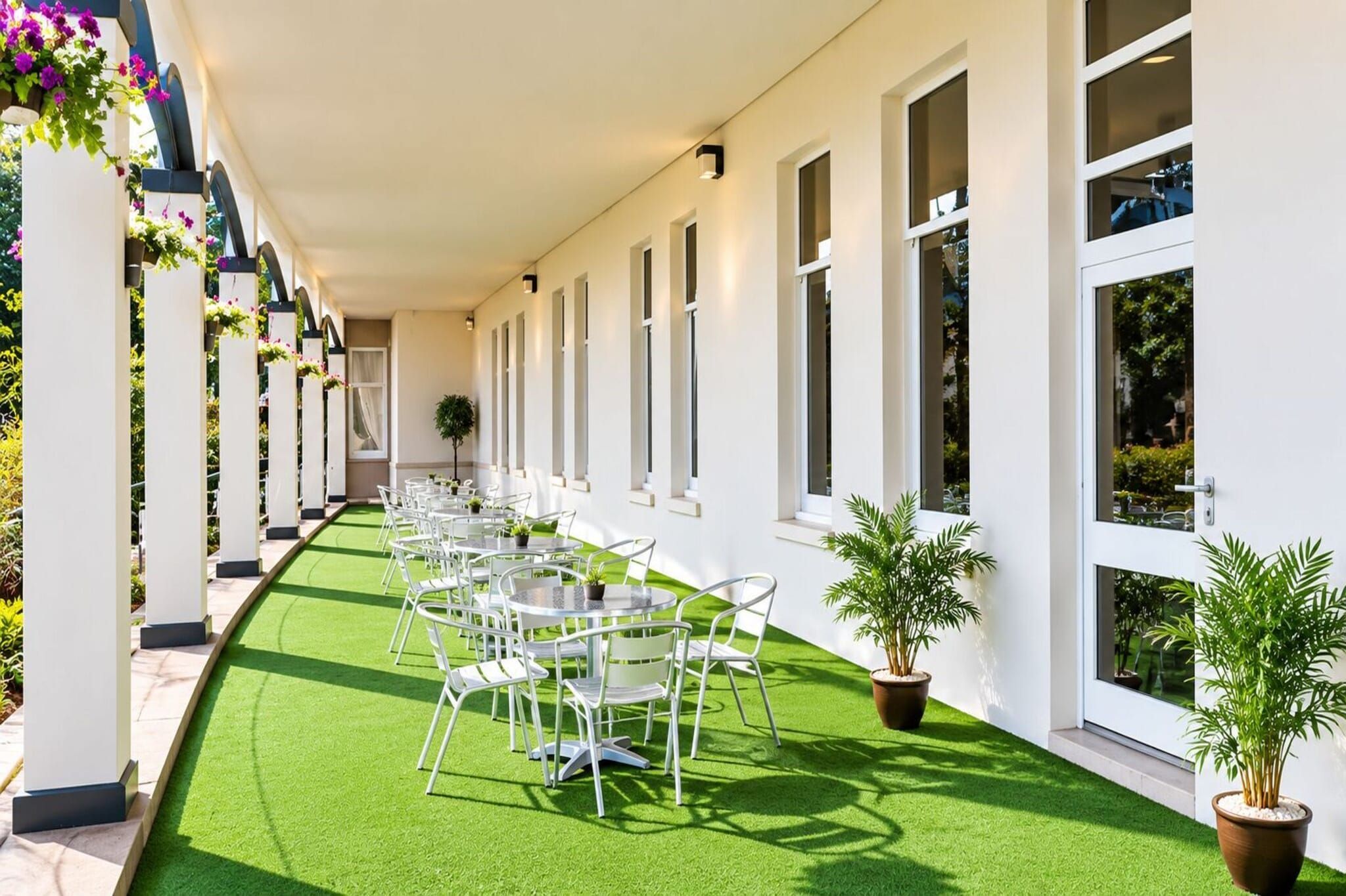 A covered outdoor area with rows of tables and chairs, potted plants, and a green artificial turf floor.