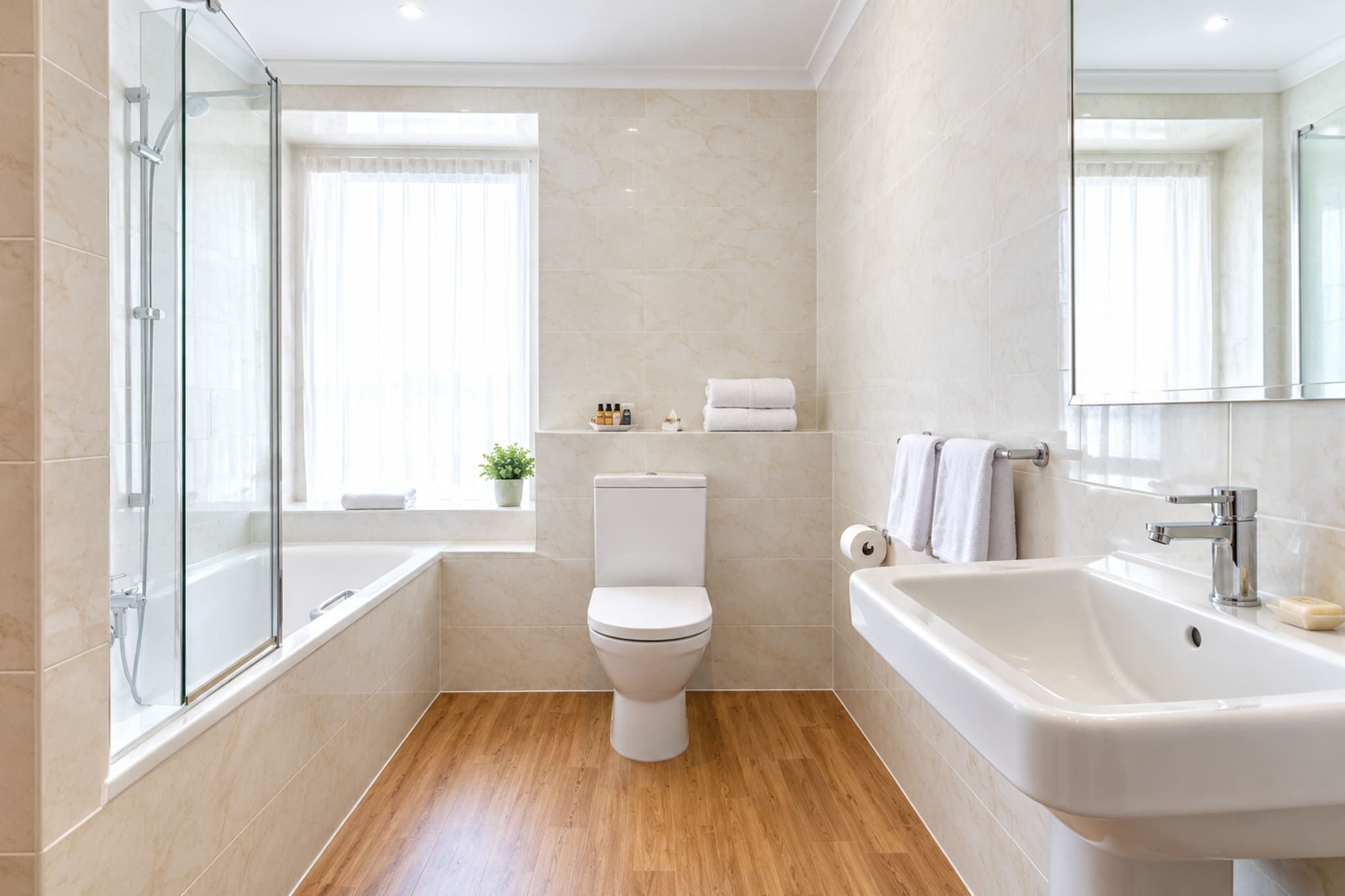 A modern bathroom with a glass shower enclosure, a toilet, a sink, and a window with sheer curtains.