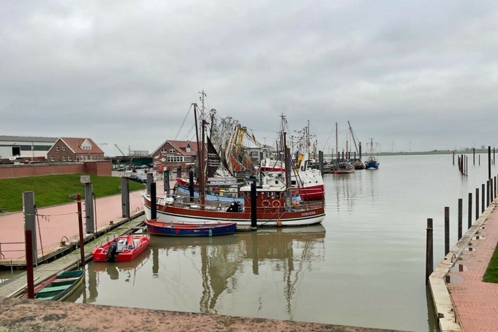 Ein Yachthafen mit mehreren angestaubten Booten, ein rotes Boot im Vordergrund und ein Gebäude mit rotem Dach im Hintergrund.