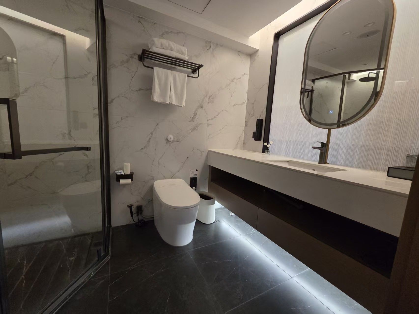 A modern bathroom with a glass shower enclosure, a marble wall, a toilet, and a vanity with a mirror.
