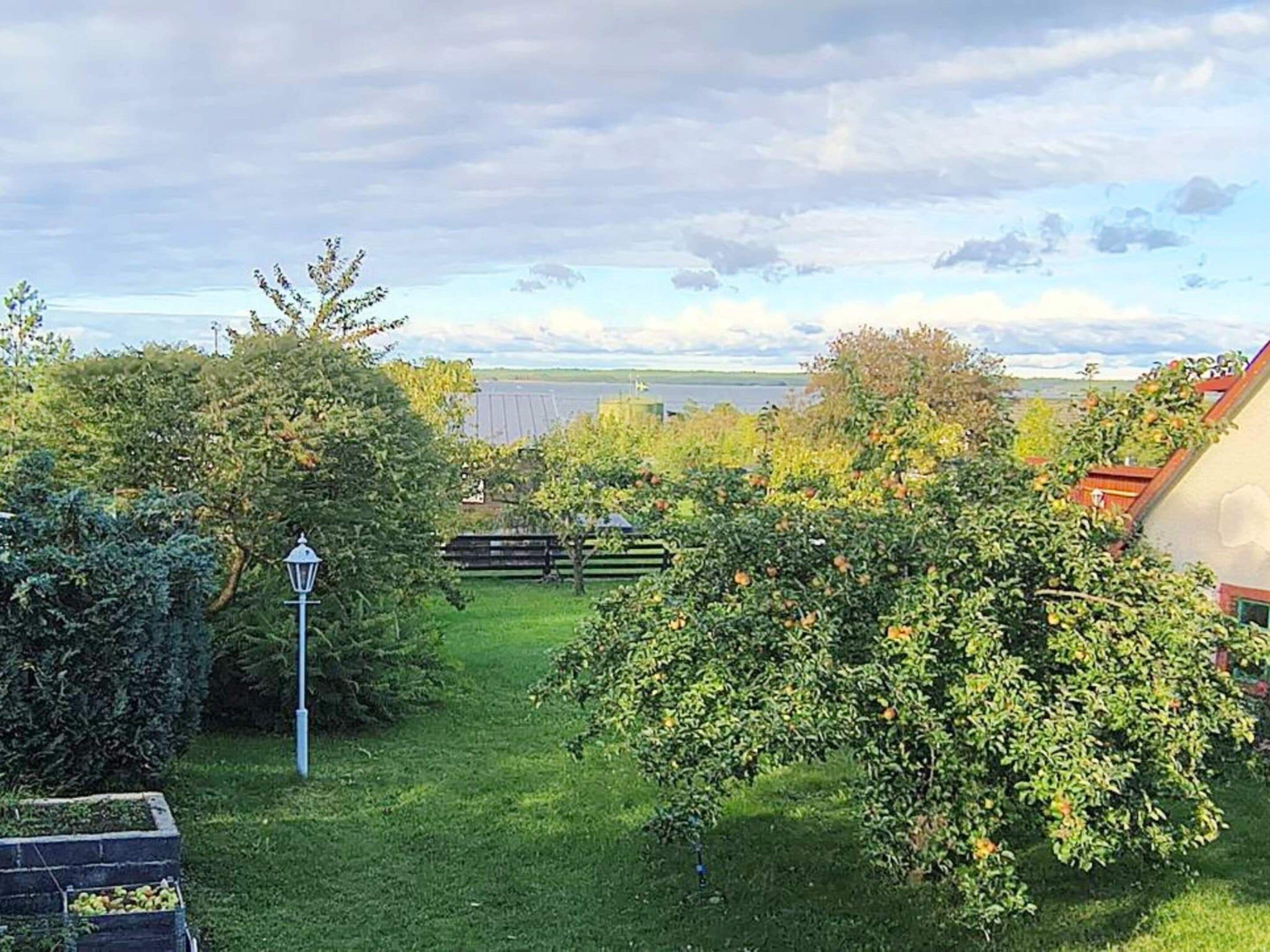 A garden with a lawn, a wooden fence, and a lamp post.