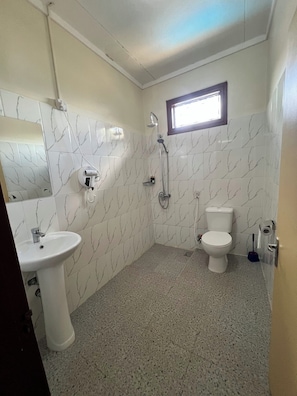 Un bany amb un mosaic de rajoles de marbre blanc, un lavabo, un vàter i una dutxa.
